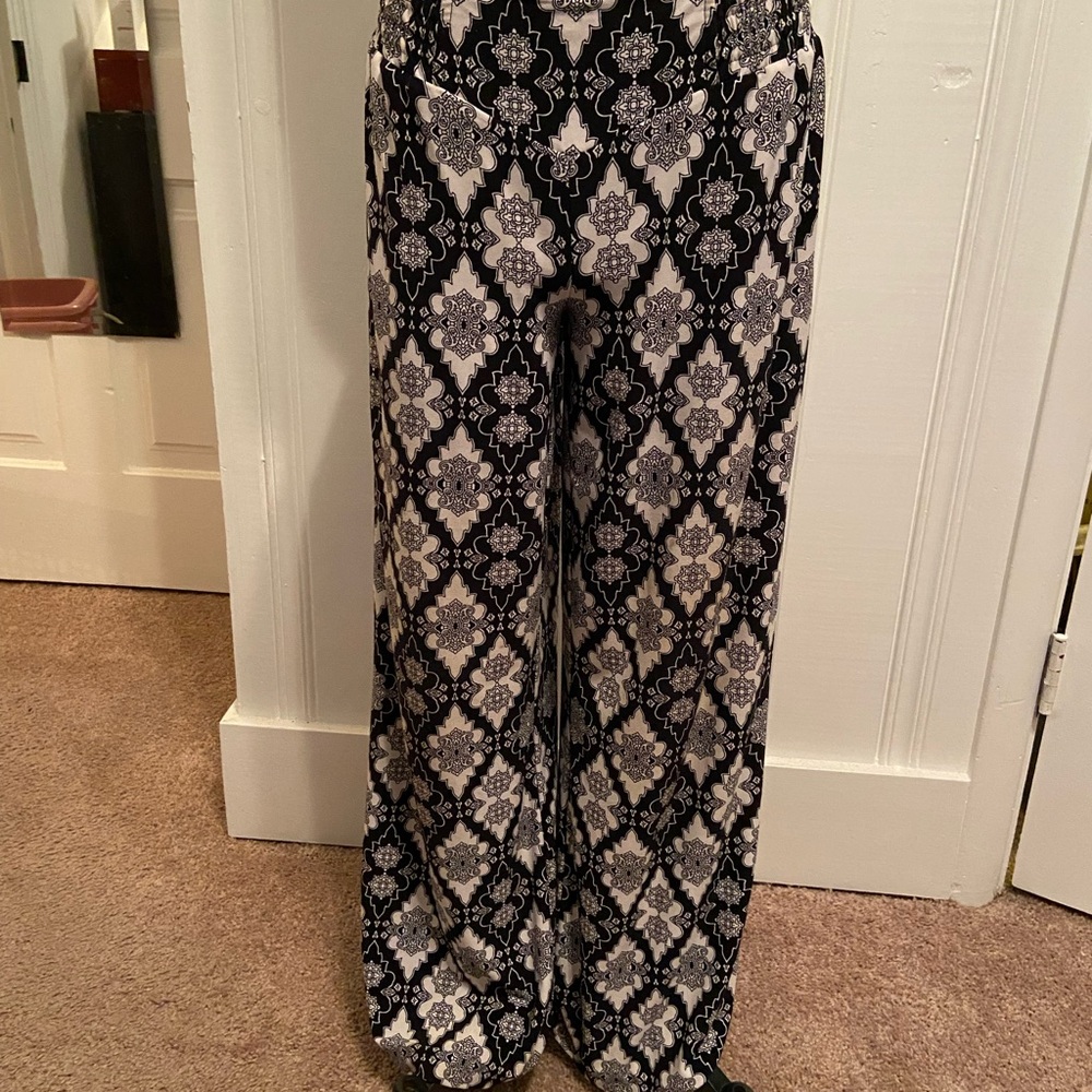 Cache Black and White Wide Leg Jumpsuit with Geometric Print